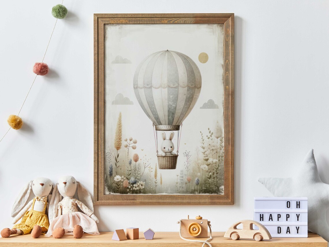 Hot Air Balloon Nursery Bunny Art Print, Cute Decor