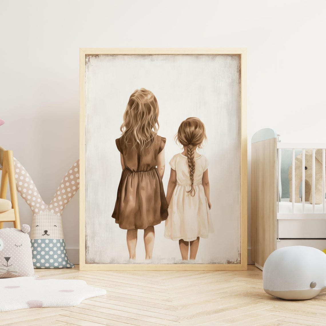 Two Sisters Watercolor Poster Back View Girls Bedroom Nursery Decor - Image 3