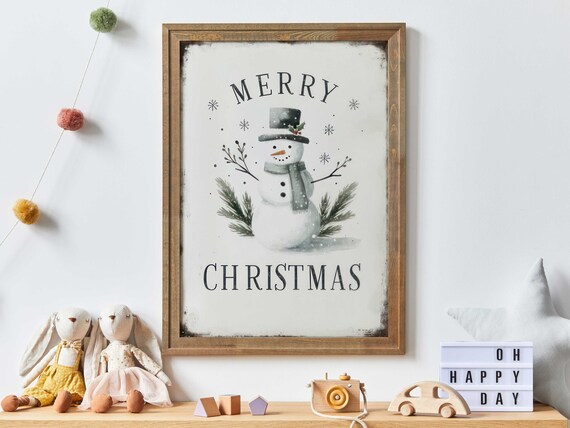 Merry Christmas Snowman Vintage Holiday Decorative Art Poster