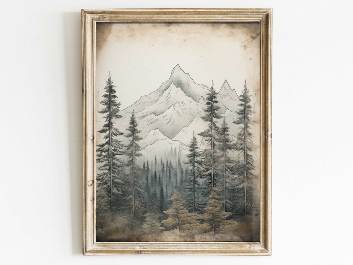 Sketched Mountain Peak Behind Tall Pine Trees Vintage Landscape Art Print