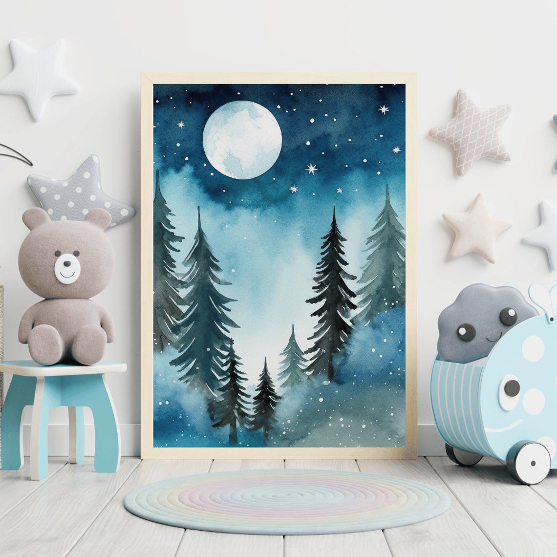 Full Moon Rising Over a Starry Pine Forest Blue Night Poster - Image 2
