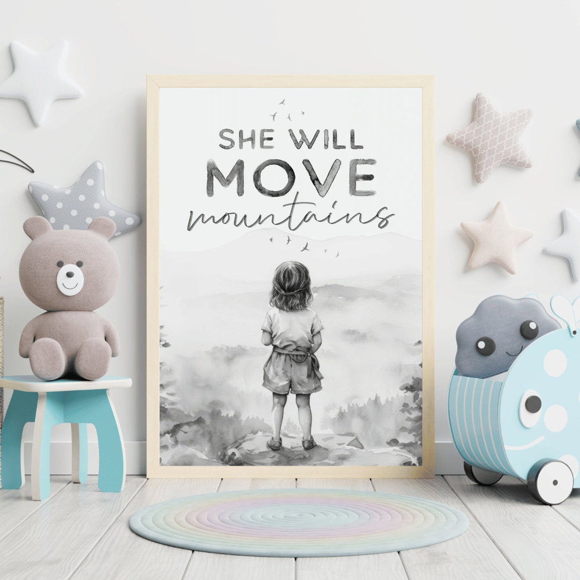She Will Move Mountains Girl Standing on Mountain Peak Poster - Image 2