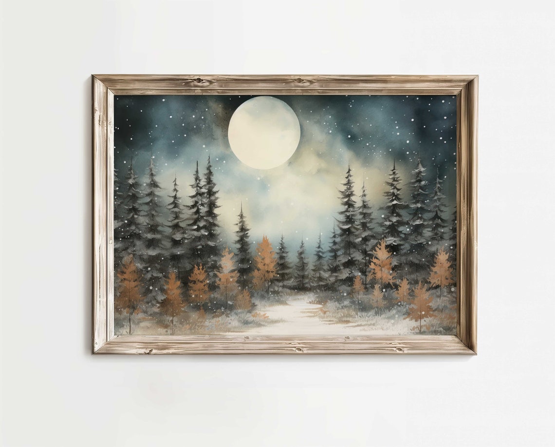 Moonlit Spruce Forest Watercolor Poster with Full Moon Night