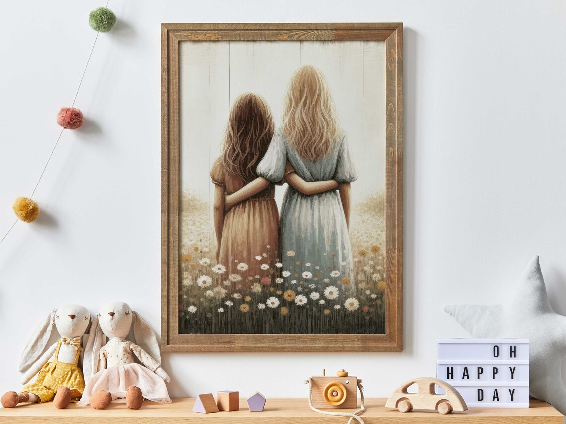 Two Sisters From Behind In Wildflower Field Sisterhood Art Poster