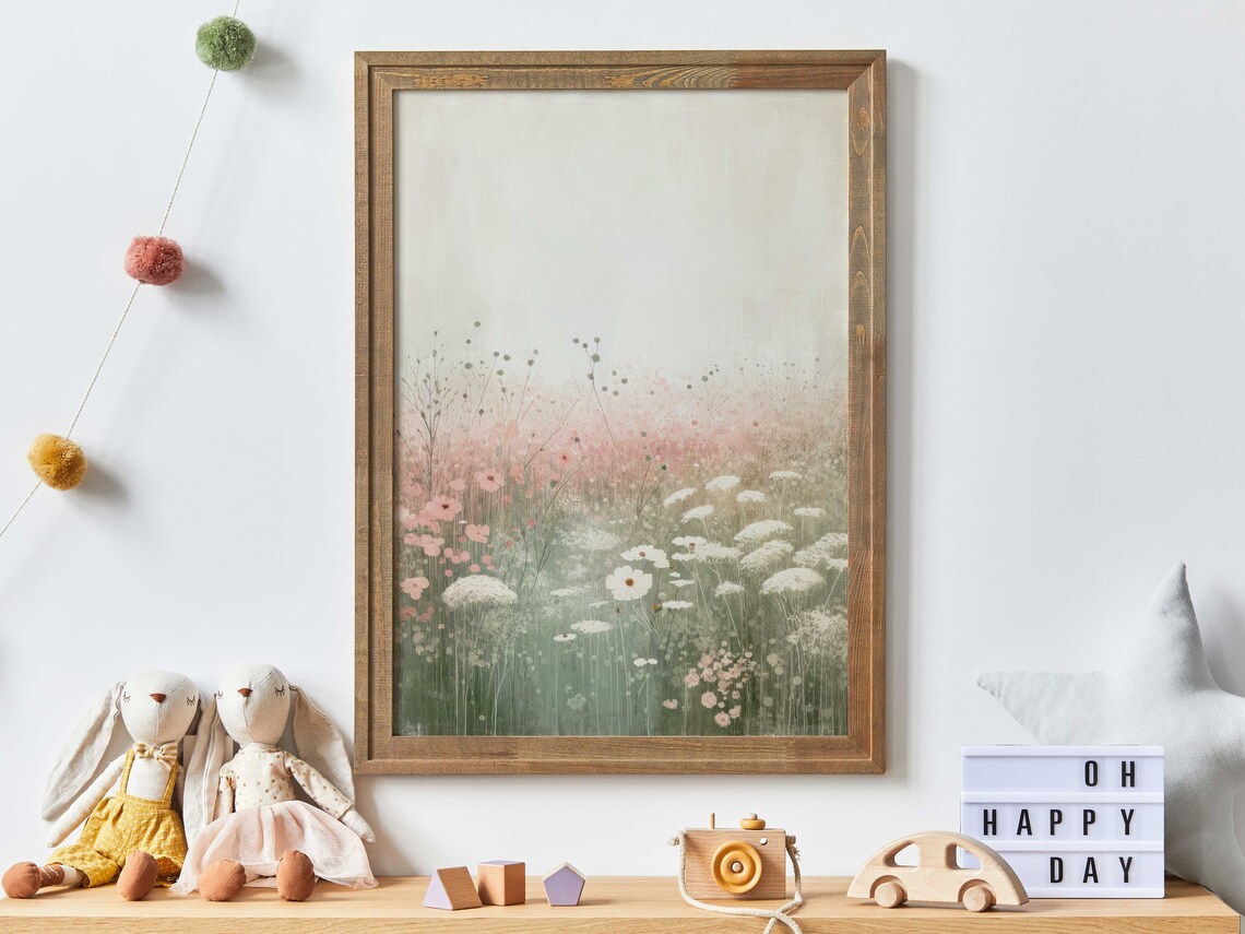 Soft Pink Wildflower Meadow Poster Airy Watercolor Floral Field Art - Image 3