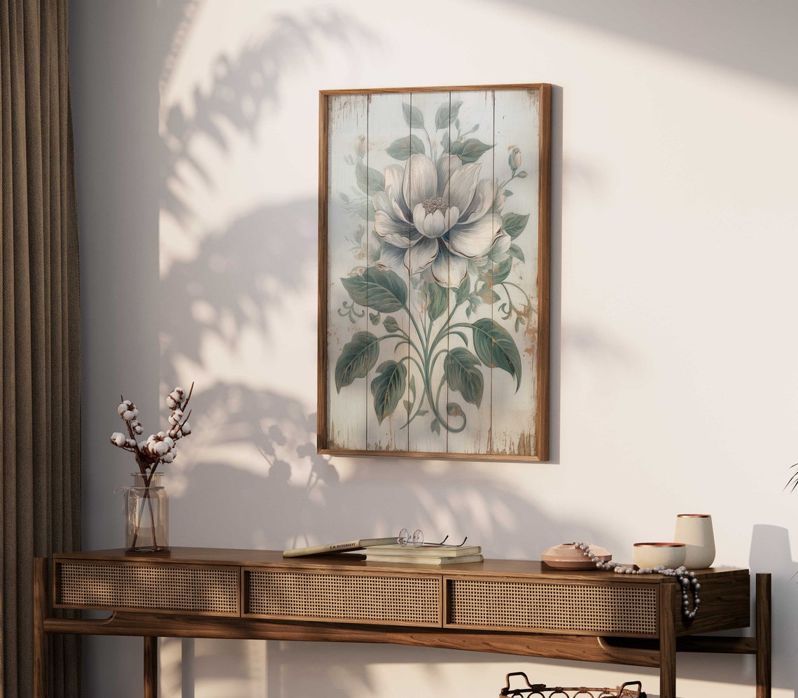 White Blossom Flower on Distressed Farmhouse Wood Plank Wall Art - Image 2