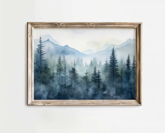 Blue Forest Misty Watercolor Landscape Art Print