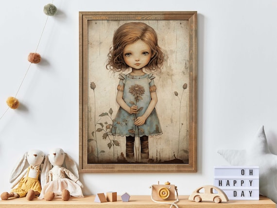 Little Girl Holding Sunflower Vintage Watercolor Nursery Poster
