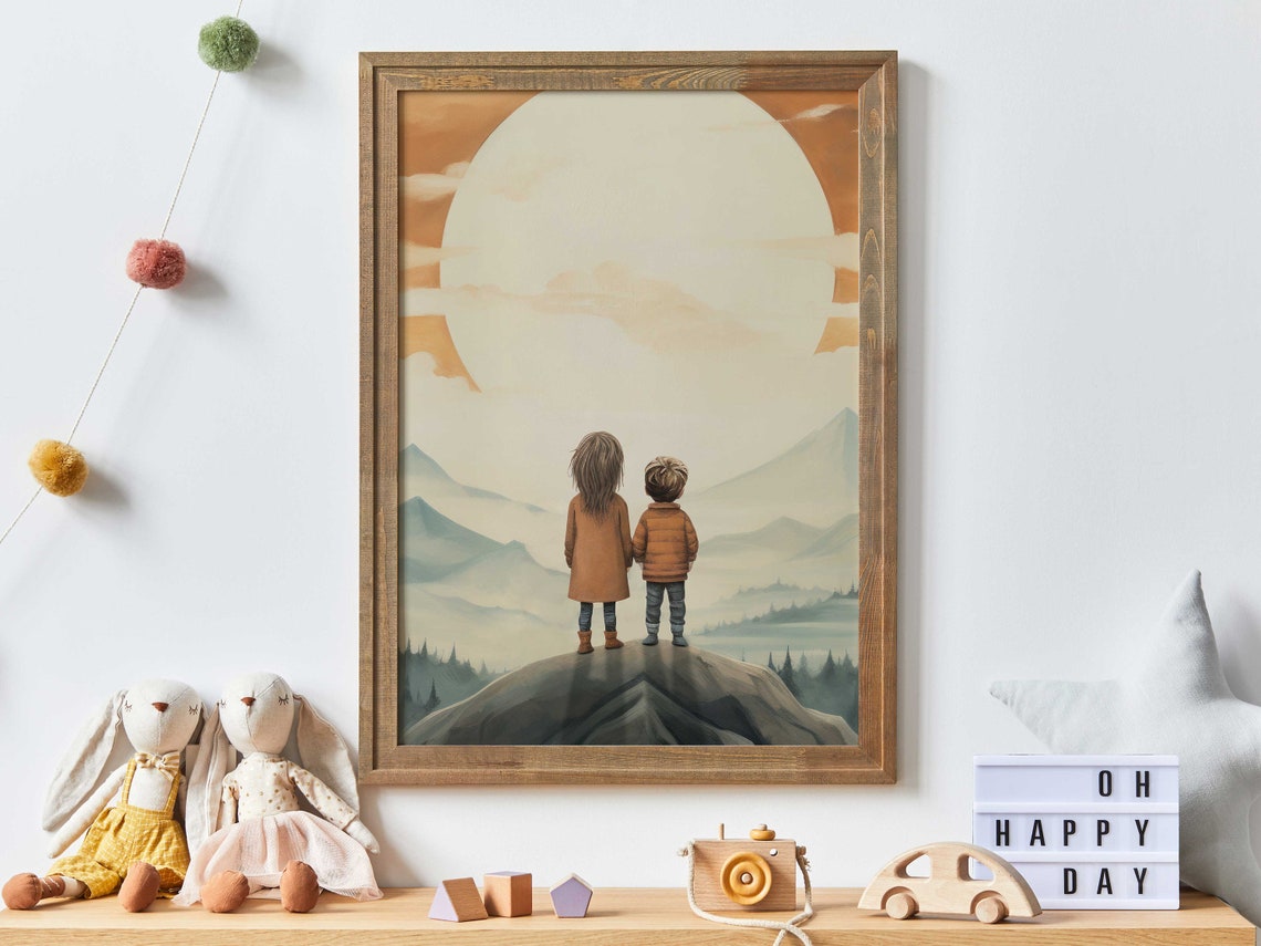 Sibling Print Brother Sister Wall Art Adventure Toddler Decor Vintage Painting For Kids Room Sibling Painting Kids Room Art