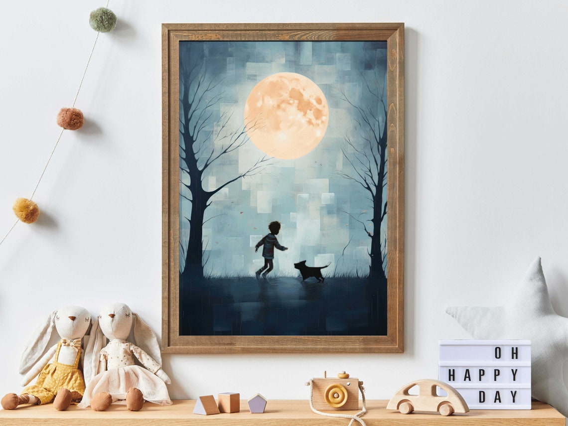 Little Boy And Dog Walking Under Giant Full Moon Night Poster