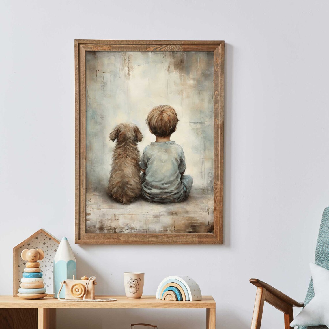 Puppy Nursery Print, Vintage Boy and Dog Art - Image 2