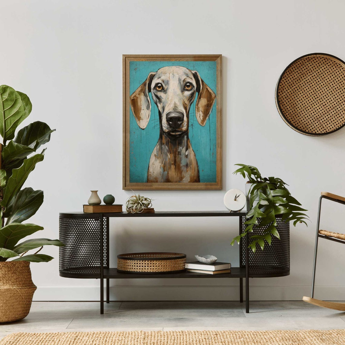 Soulful Weimaraner Dog Portrait on Rich Teal Vintage Style Poster - Image 2
