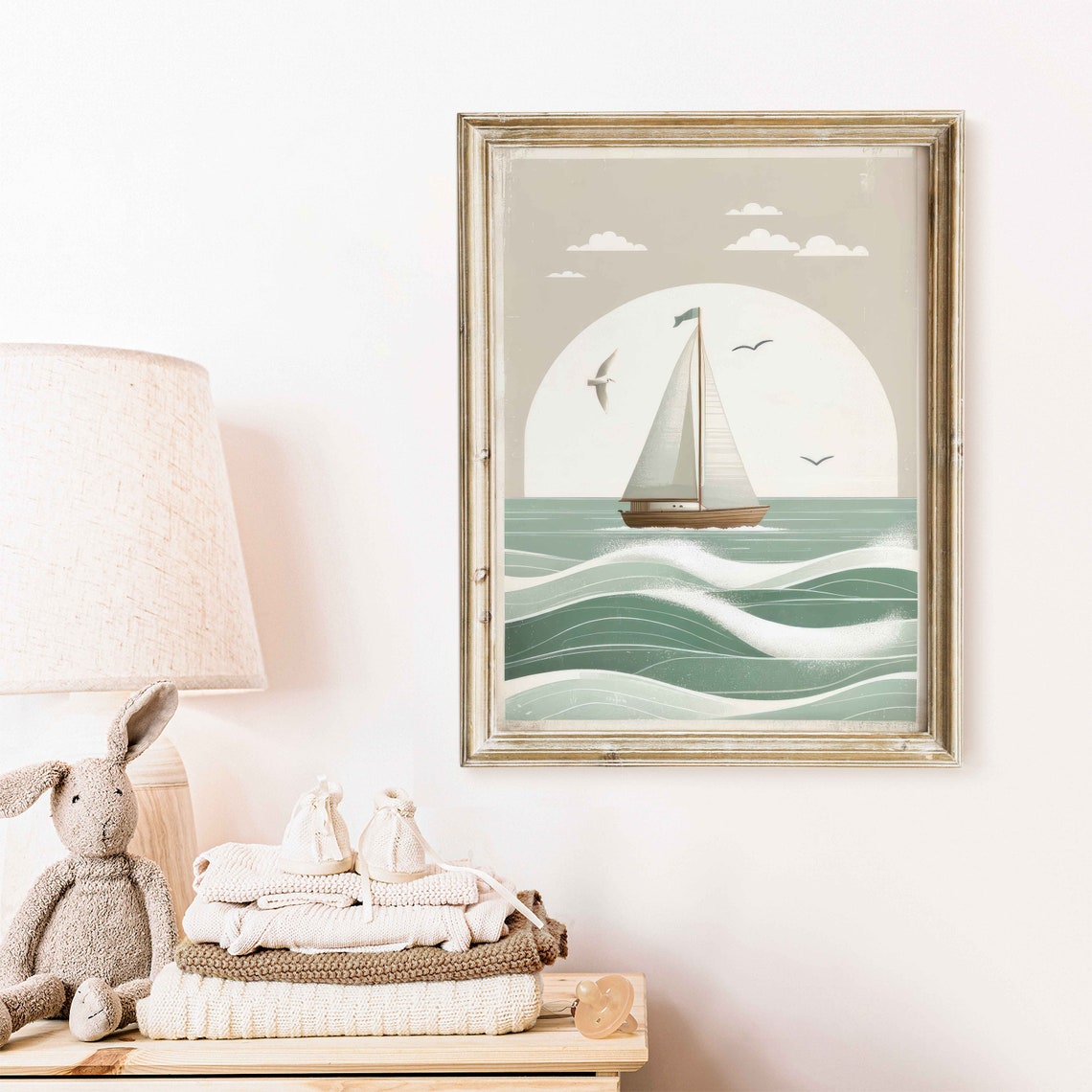Sailboat On Ocean Waves Beneath Giant Sun Retro Nautical Poster - Image 2