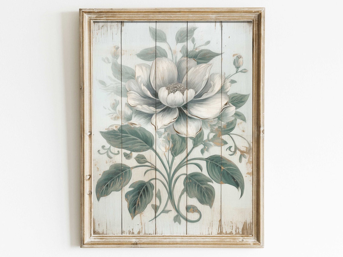 White Blossom Flower on Distressed Farmhouse Wood Plank Wall Art