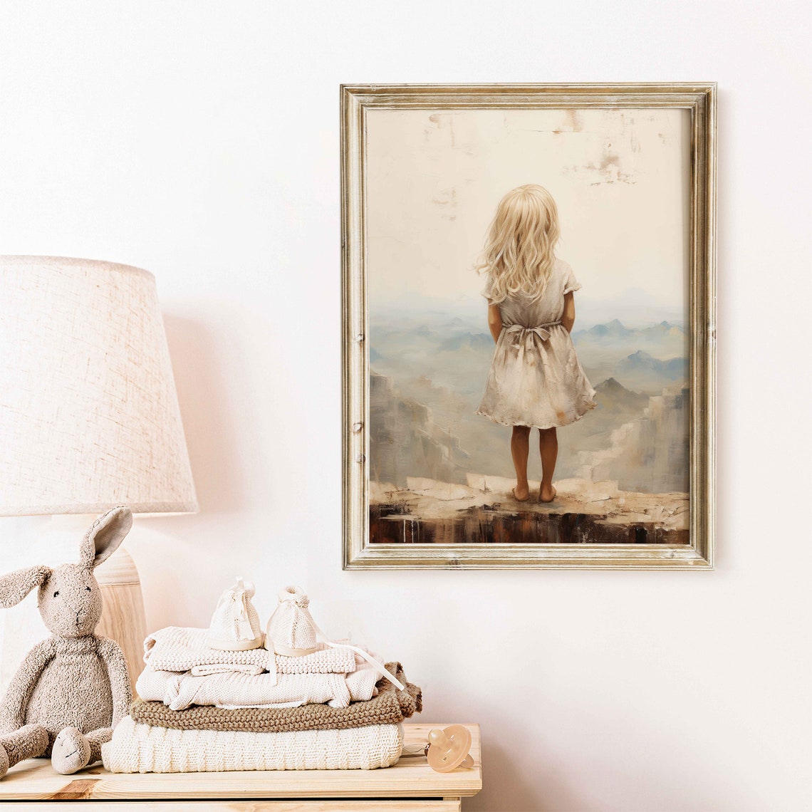 Girl on Mountain Cliff Edge Overlooking Misty Peaks Art Poster - Image 2