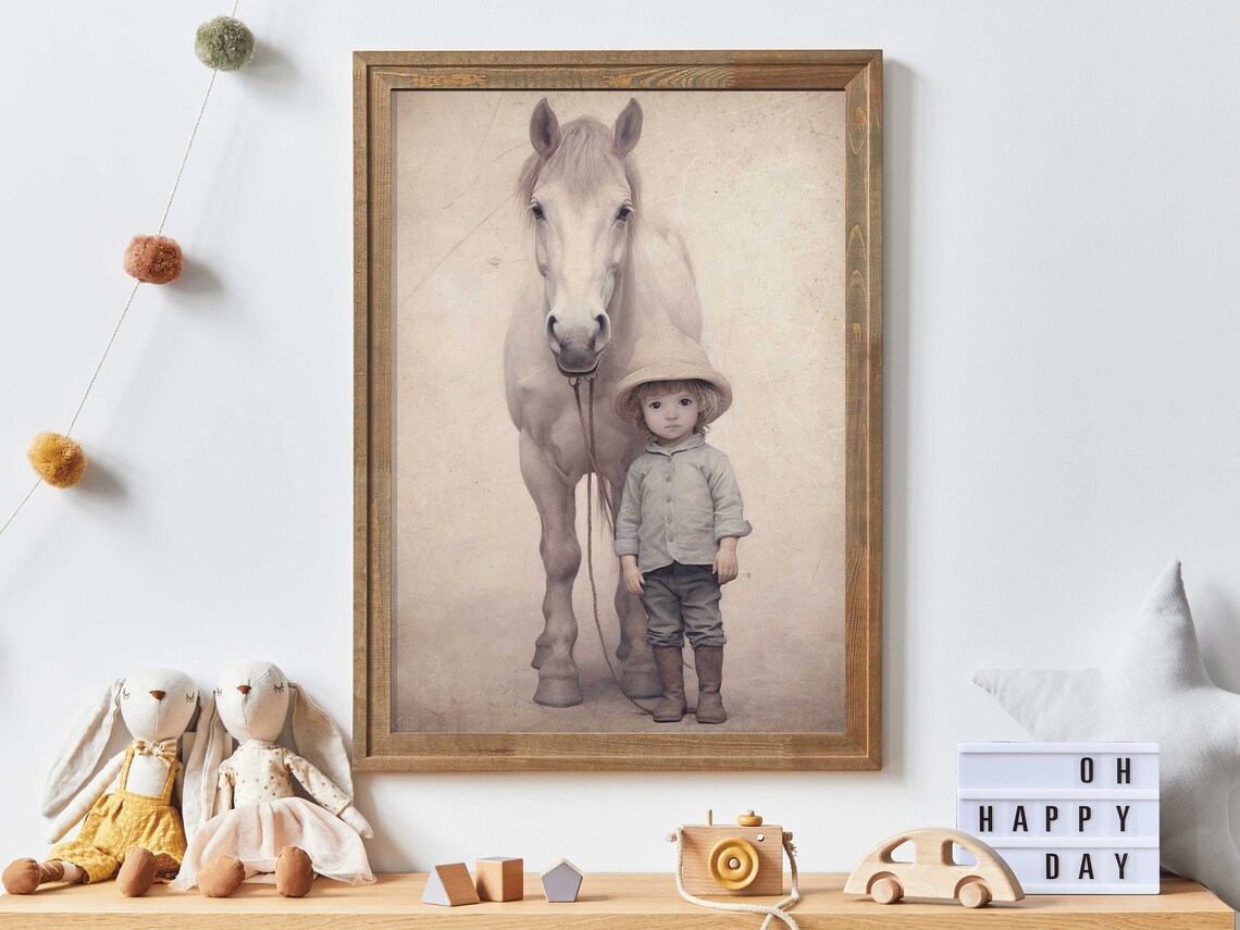 Little Cowboy Boy with a White Horse Vintage Nursery Room Poster
