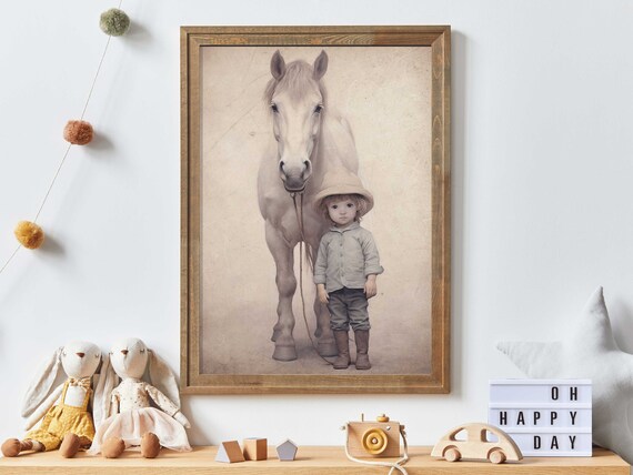 Little Cowboy Boy with a White Horse Vintage Nursery Room Poster