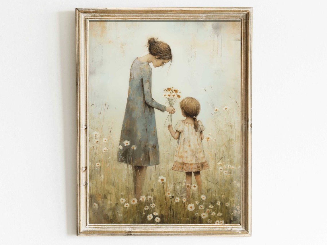 Mother And Daughter Print Mom Daughter Picture Family Wall Art Rustic Wildflower Nursery Decor Girl Vintage Wall Art