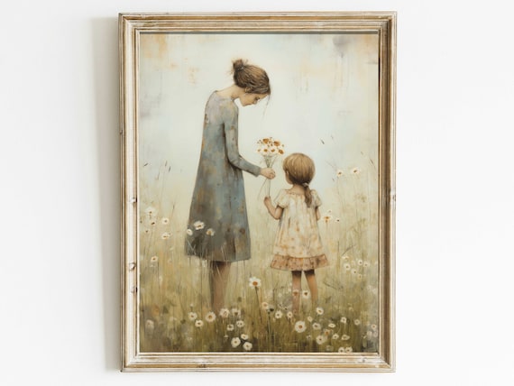 Mother Giving Daughter Wildflower Bouquet in Daisy Meadow Poster