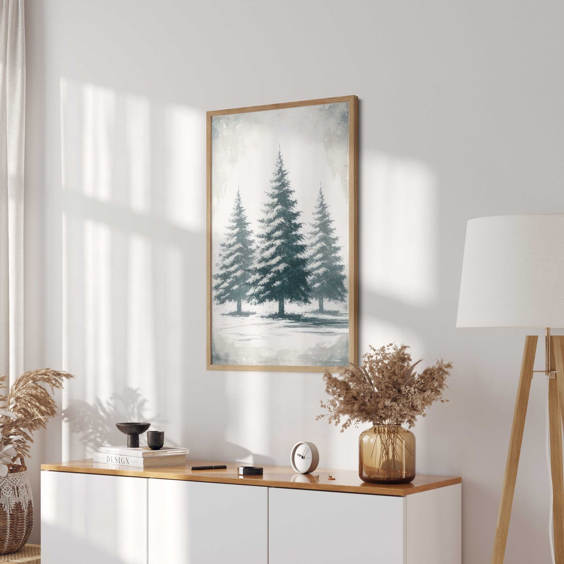 Three Snow-Covered Fir Trees in a Soft Winter Landscape Poster - Image 2