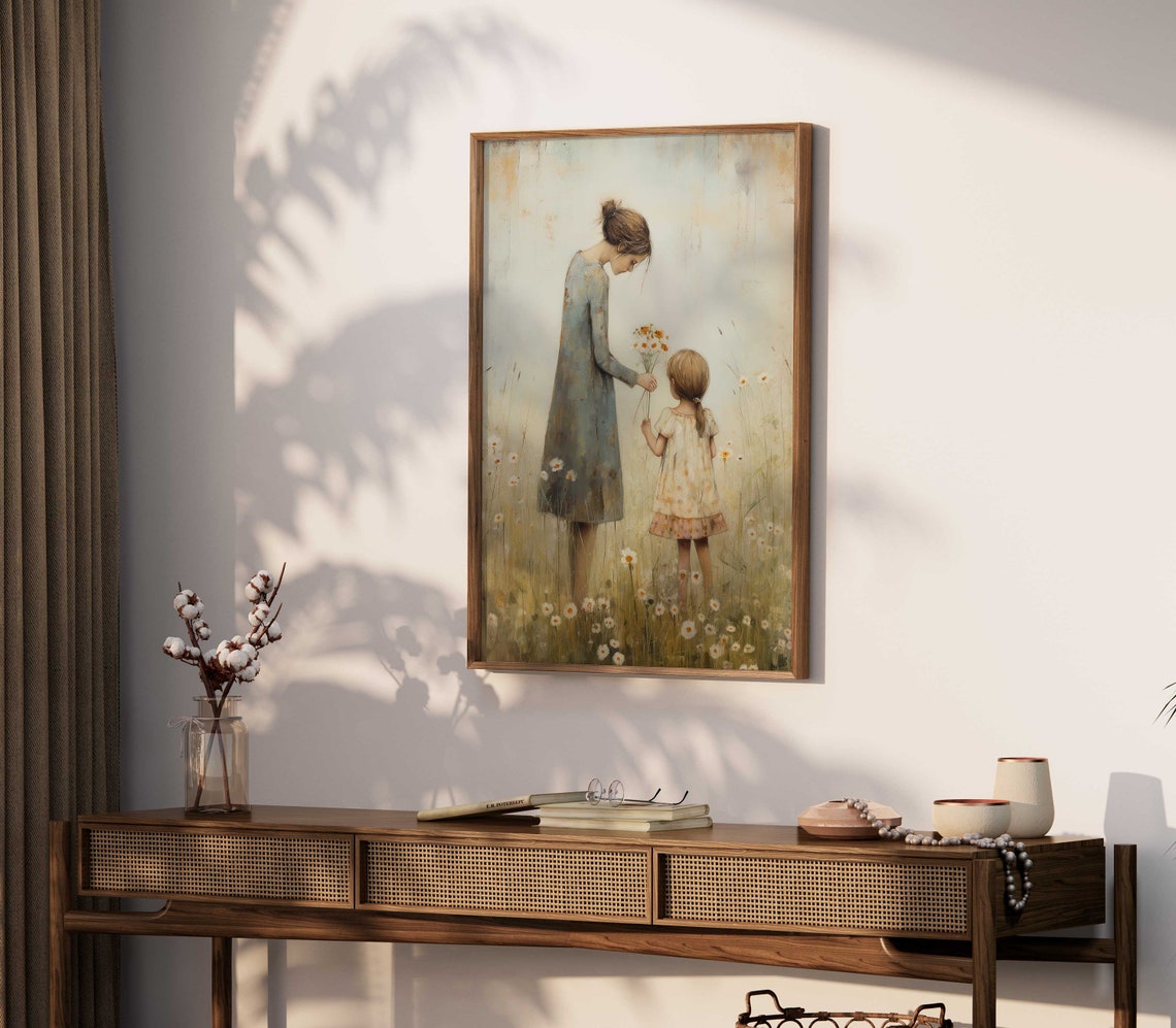 Mother And Daughter Print Mom Daughter Picture Family Wall Art Rustic Wildflower Nursery Decor Girl Vintage Wall Art - Image 2
