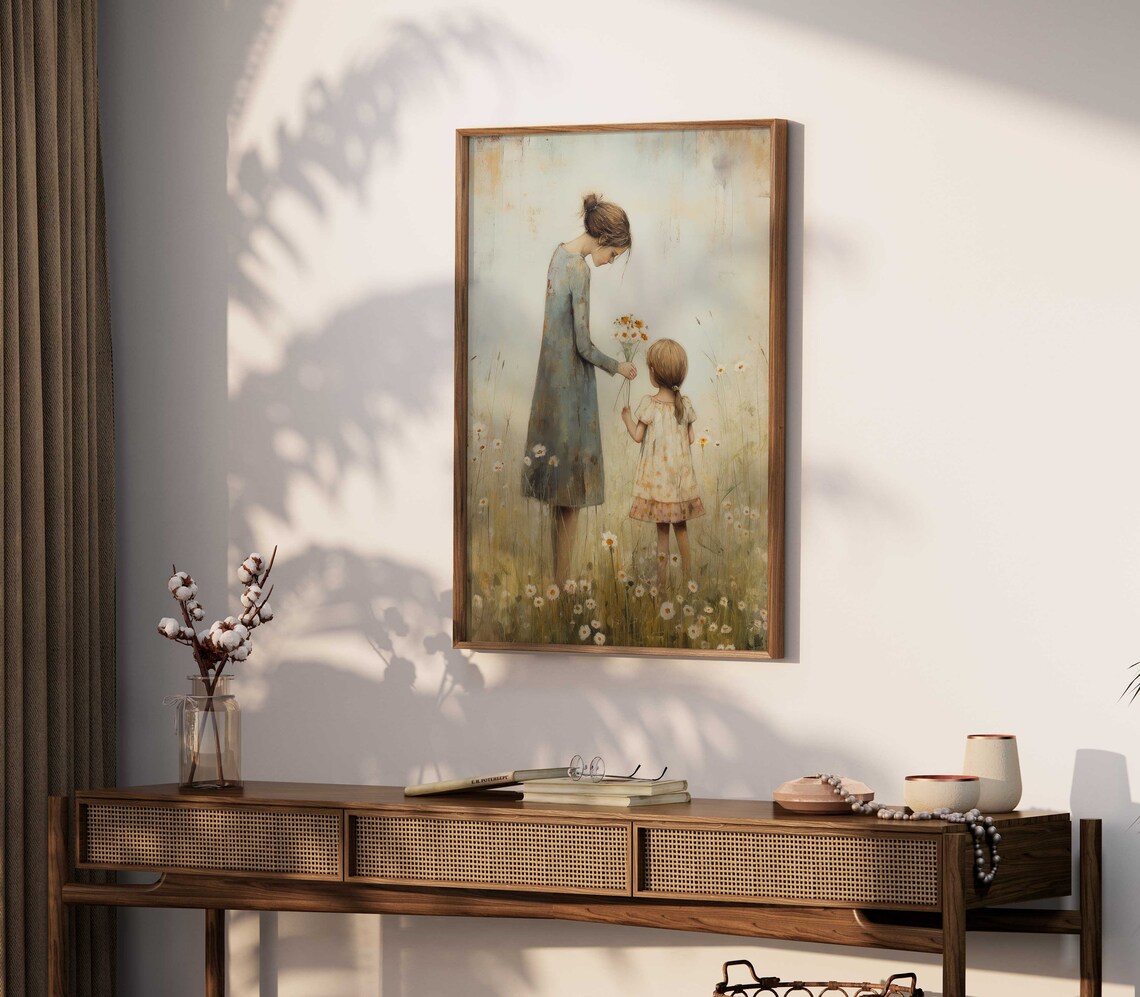 Mother Giving Daughter Wildflower Bouquet in Daisy Meadow Poster - Image 2