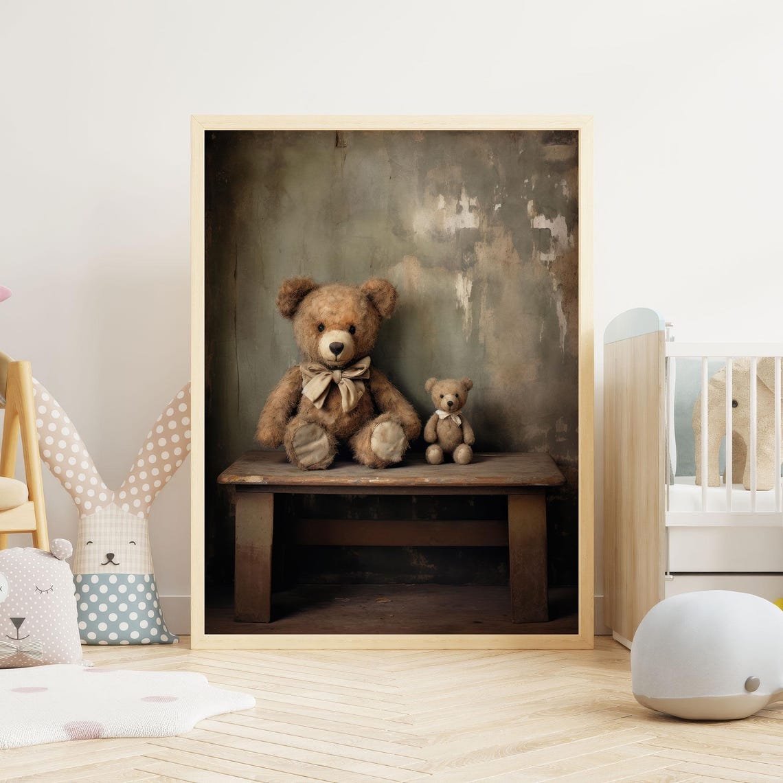 Two Vintage Teddy Bears Sitting on Rustic Wooden Bench Nursery Print - Image 2