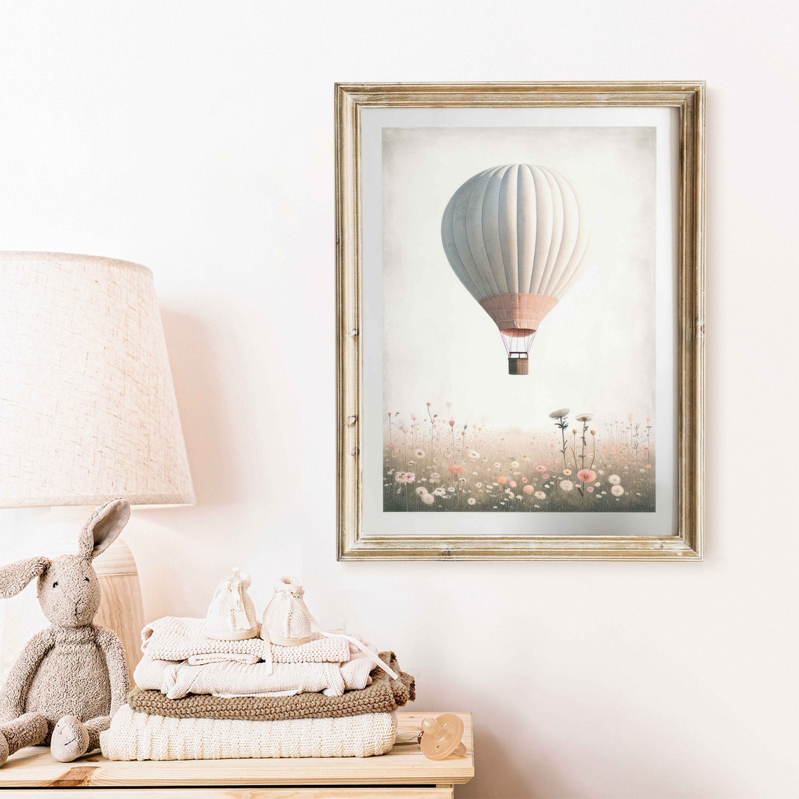 Vintage Hot Air Balloon Poster Drifting Over a Soft Wildflower Meadow - Image 2