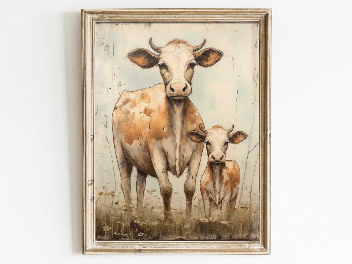 Mother Cow and Calf in a Wildflower Meadow Vintage Farm Wall Art