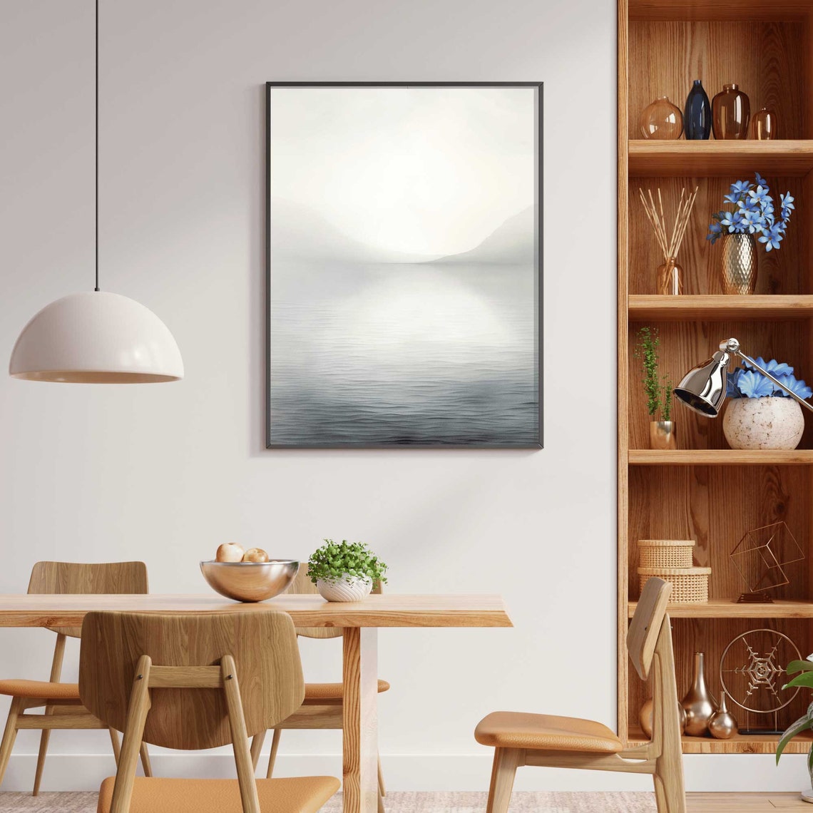 Serene Minimalist Gray Seascape with Misty Mountain View Print - Image 2