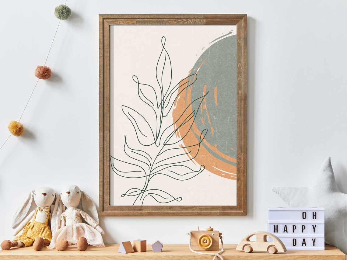One Line Leaf Branch Over Abstract Shapes Modern Boho Poster