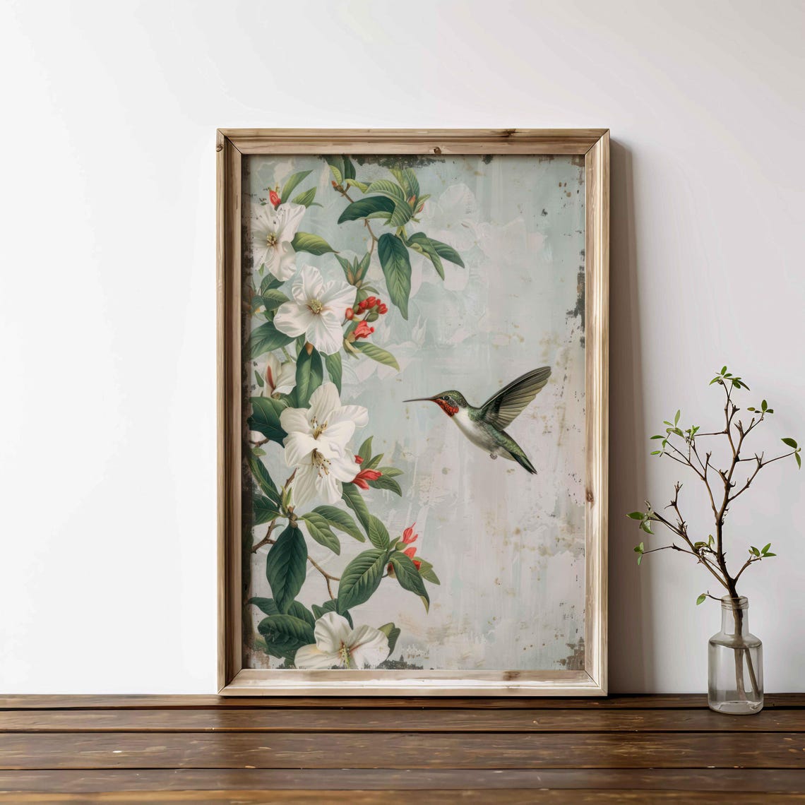 Ruby Hummingbird Botanical Poster White Blossoms Vintage Bird Art - Image 3