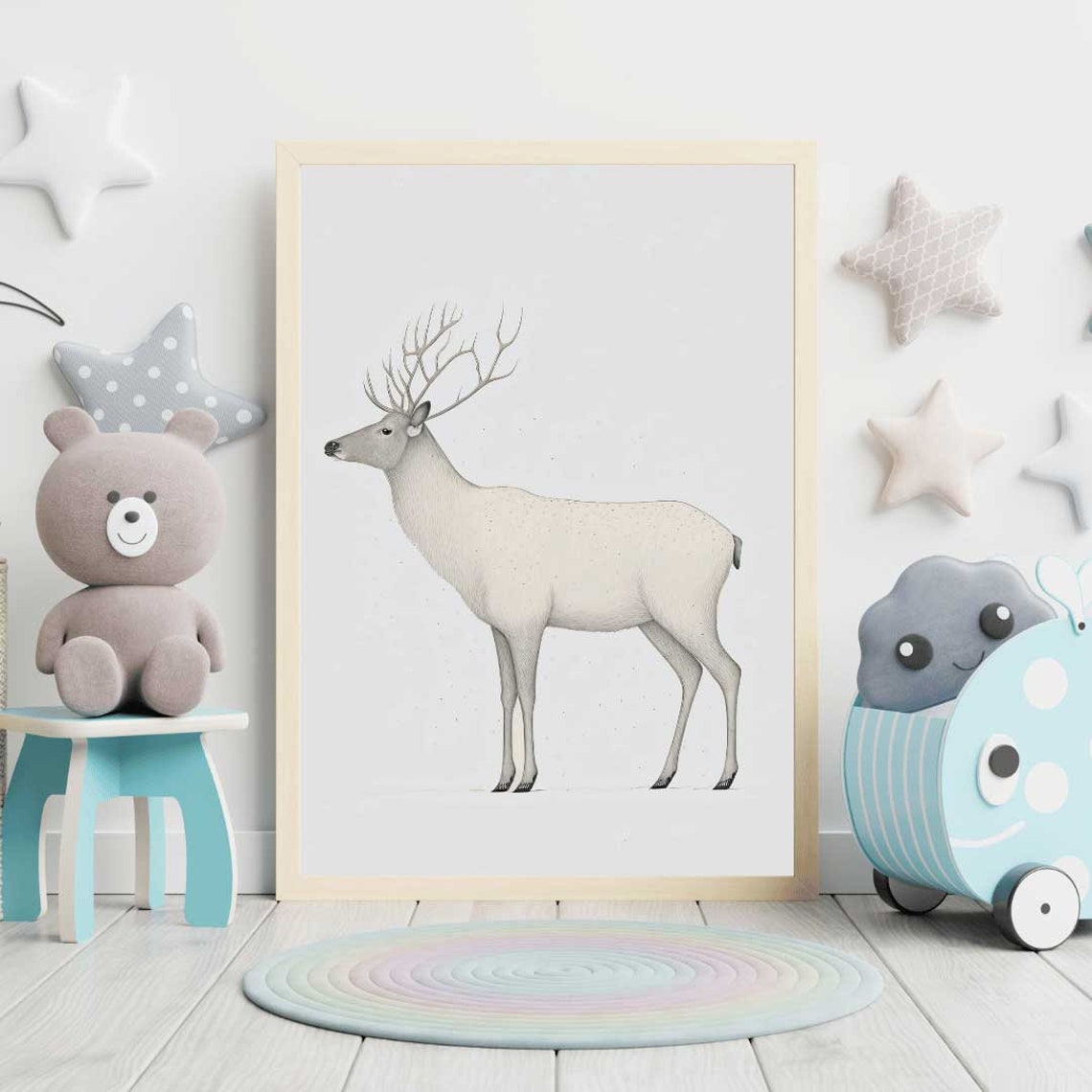 White Reindeer Minimalist Nordic Winter Nursery Baby Room Poster - Image 2