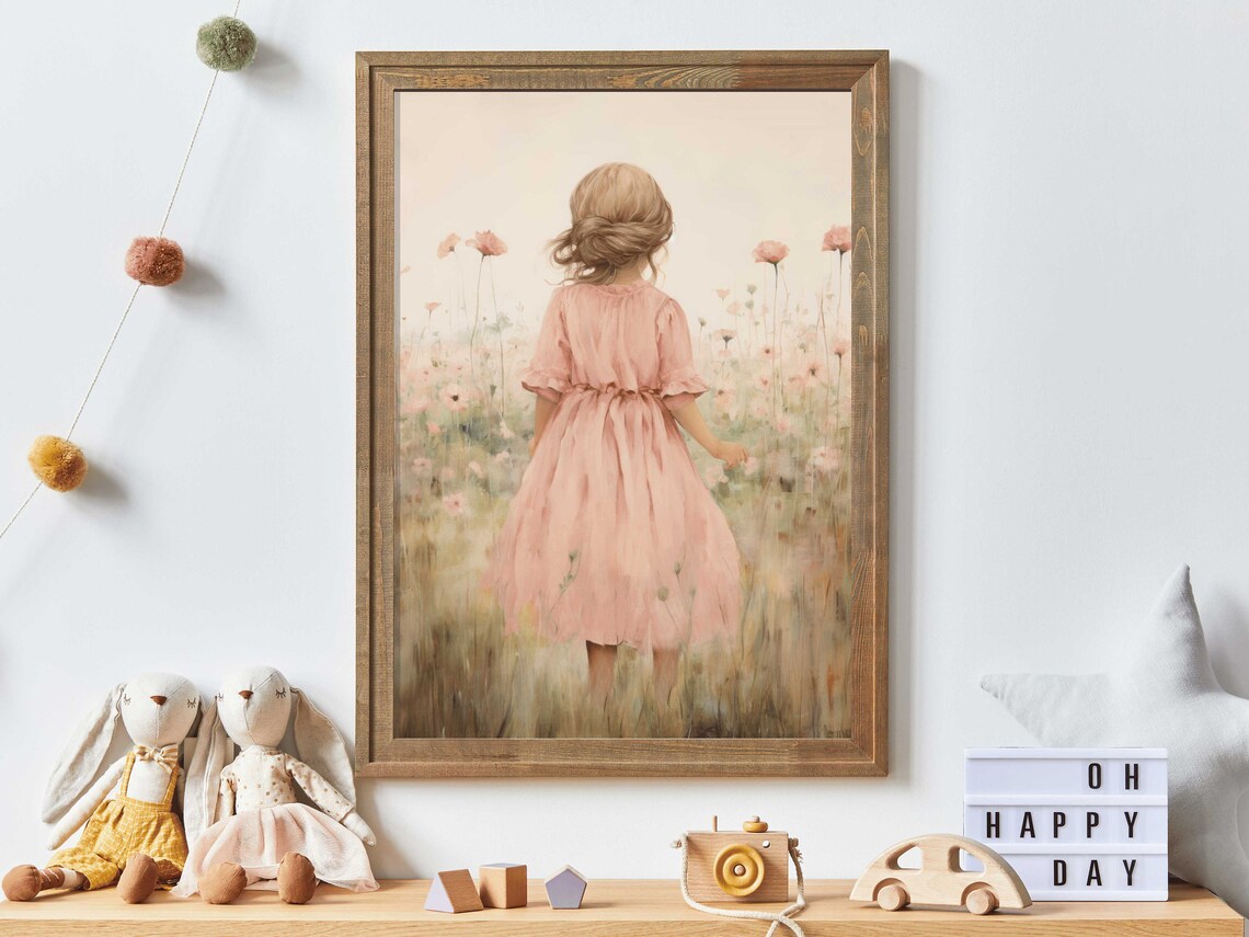 Wildflower Nursery Decor, Vintage Girl Wall Art Print