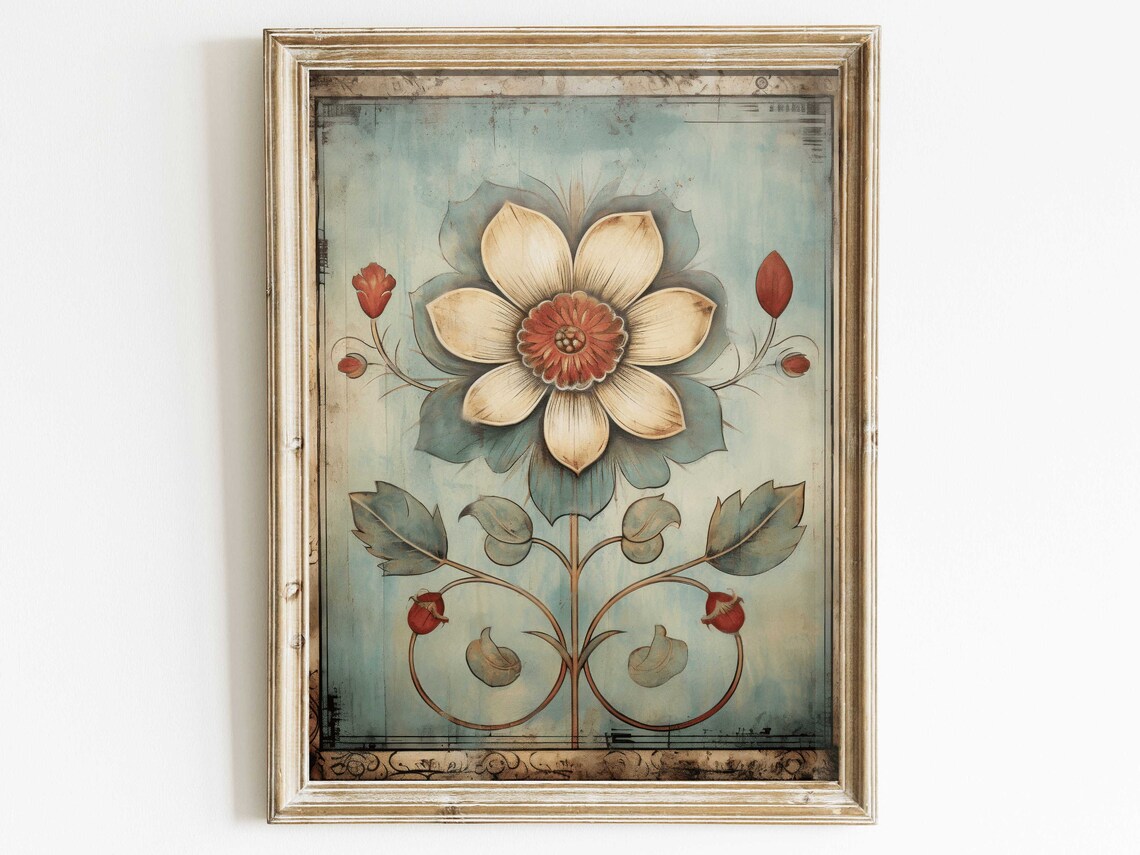 Elegant Ornamental Cream Flower on Teal Vintage Botanical Art Print
