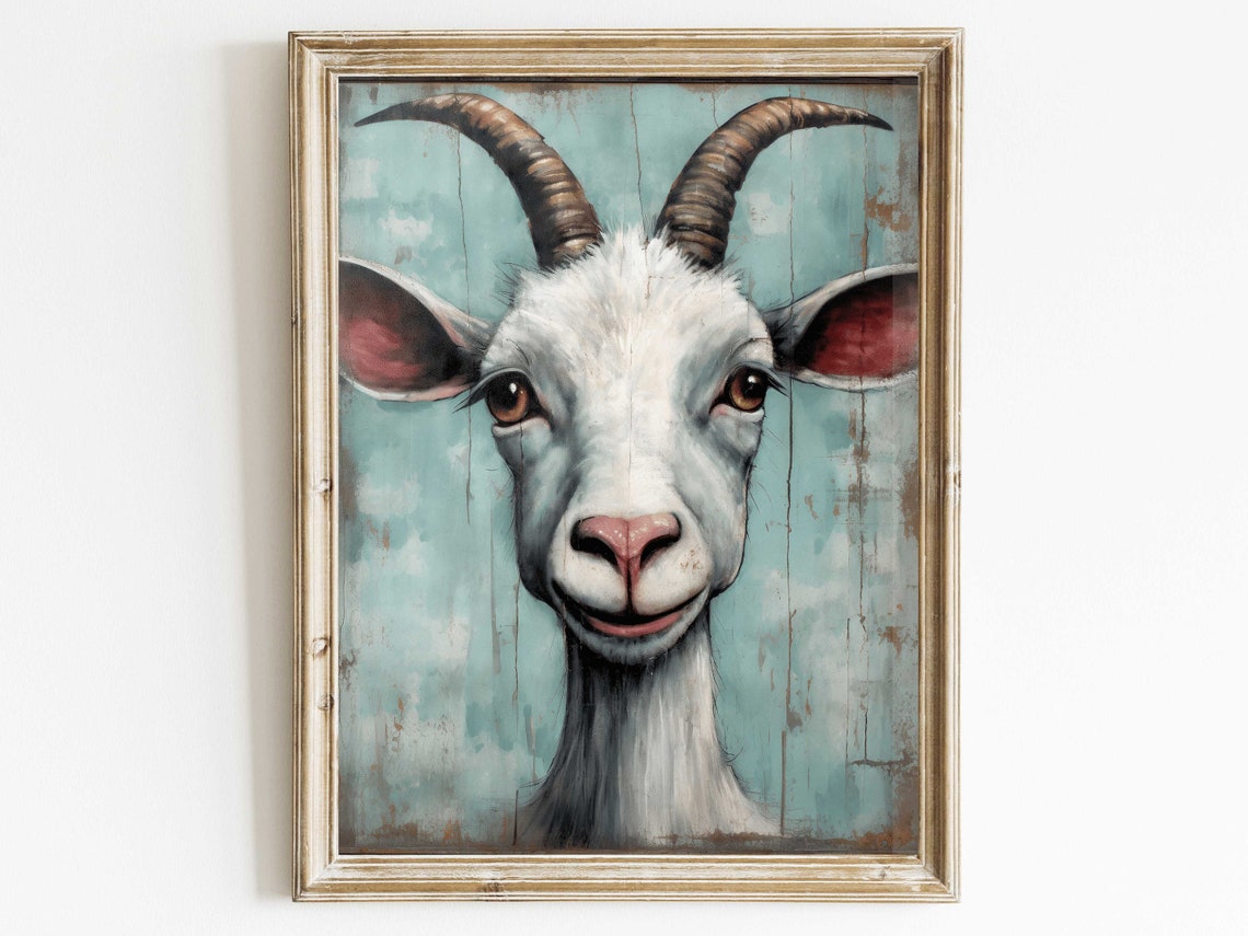 Smiling White Goat Portrait on Rustic Teal Wood Farm Art Poster