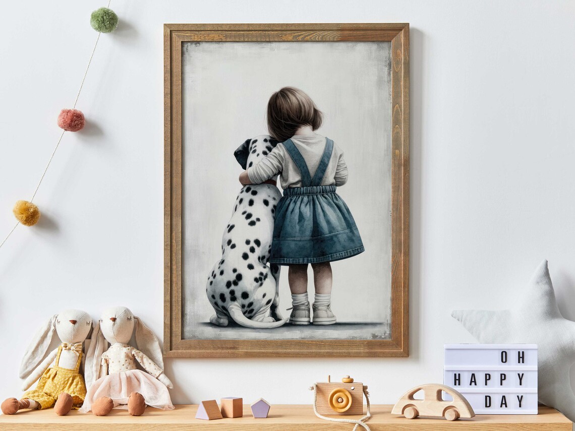 Little Girl Hugging Dalmatian Dog Puppy Sweet Nursery Art Poster