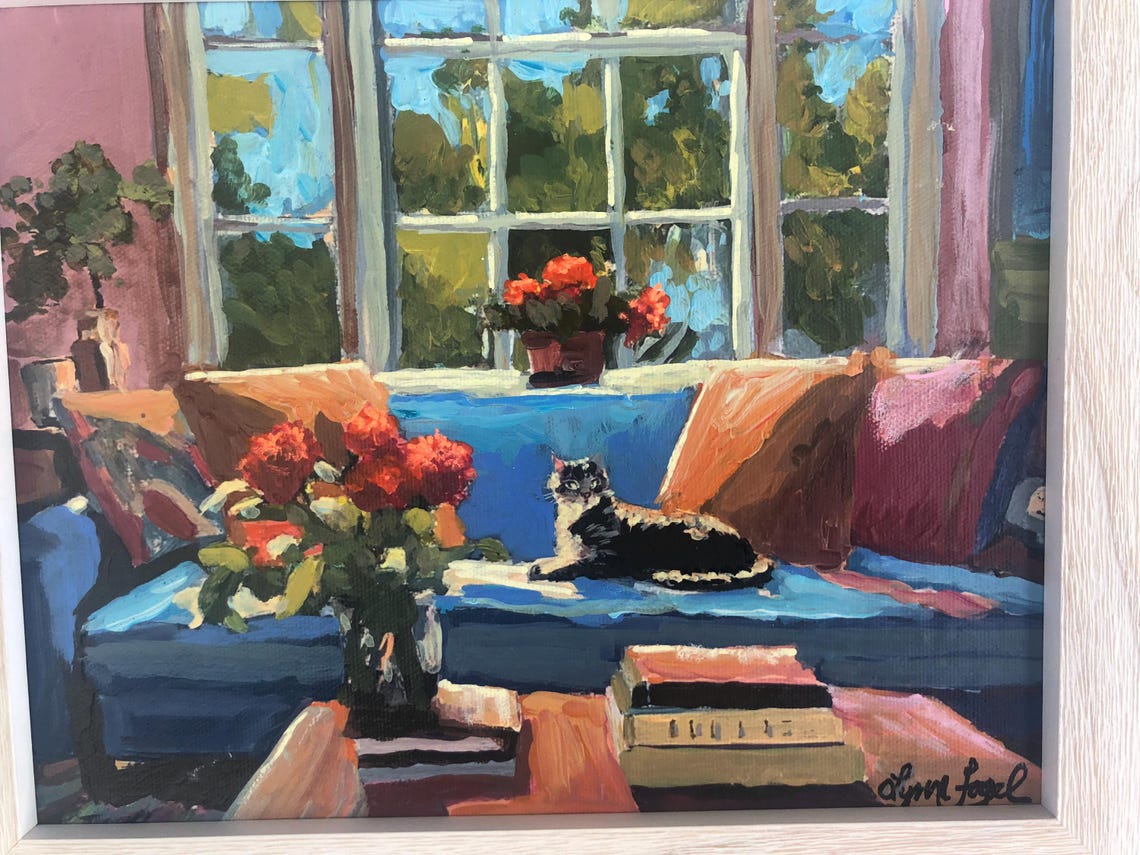 Cozy Tabby Cat Napping on Blue Sofa in Sunlit Living Room Art Poster - Image 3
