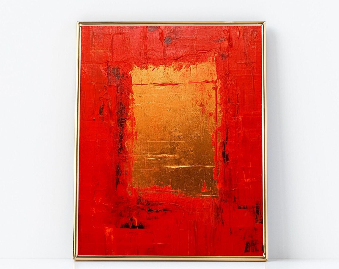 Dramatic Red and Gold Abstract Expressionist Textured Painting Poster