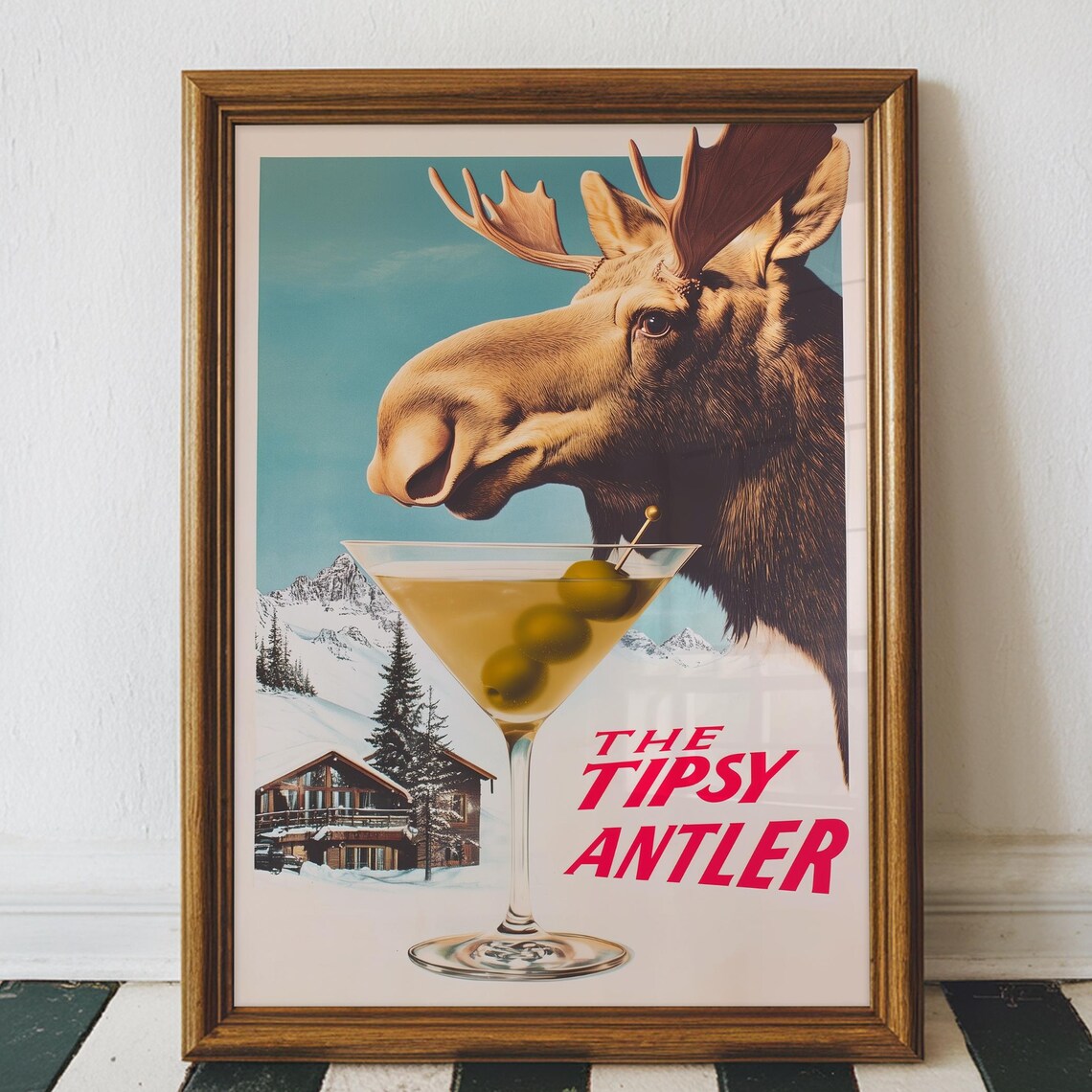 Vintage Moose Martini Ski Lodge Art Print