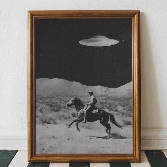 Vintage Cowboy Ufo Print Retro Western Art Digital Download