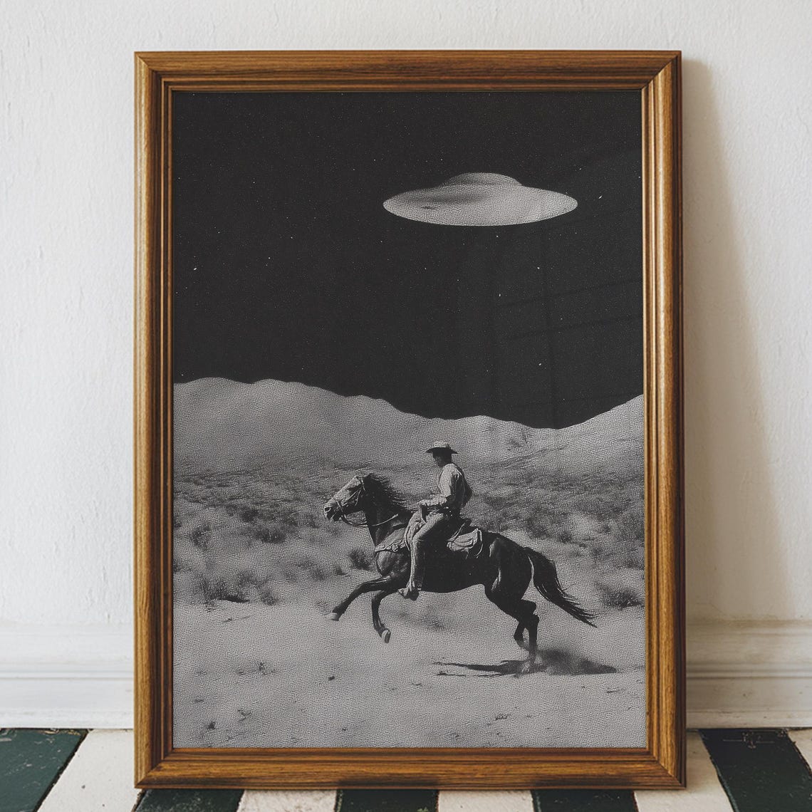 Cowboy Horse UFO Night Desert Vintage Western Sci Fi Collage Poster
