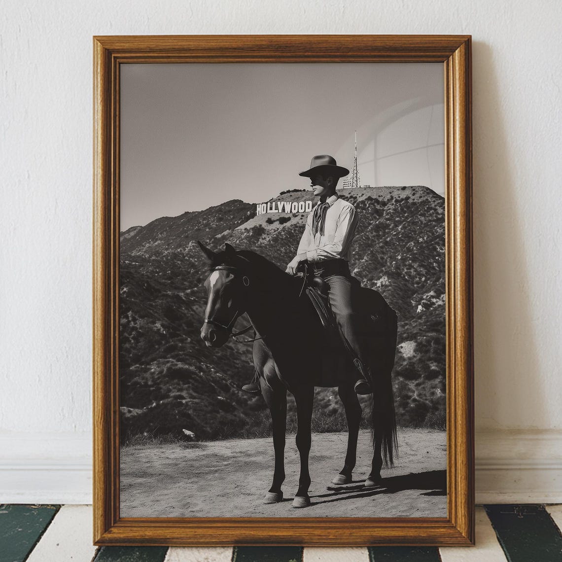Vintage Hollywood Sign Cowboy Poster Art Black And White Western La California Print Sports Printable Digital Download