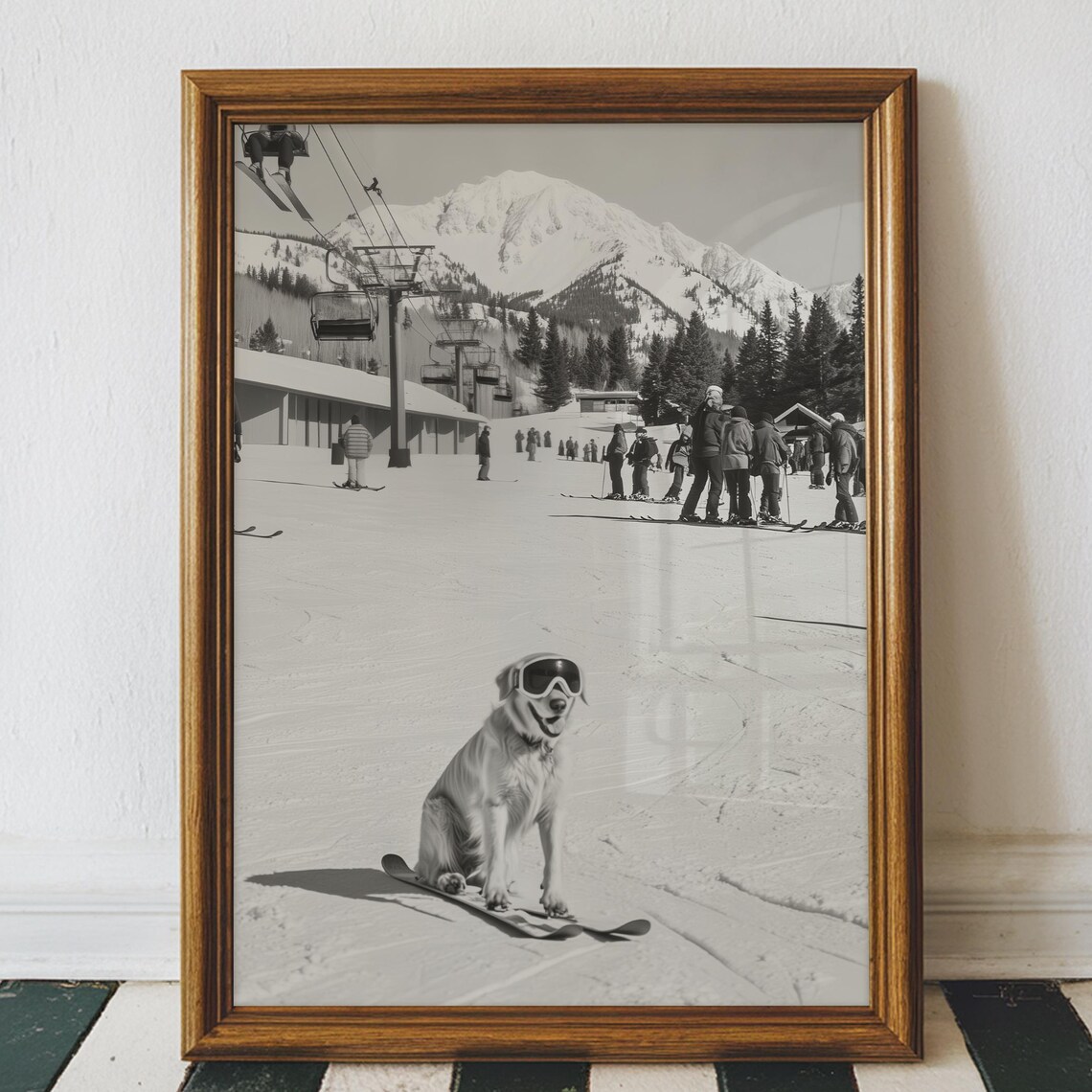 Funny Golden Retriever Ski Poster, Vintage