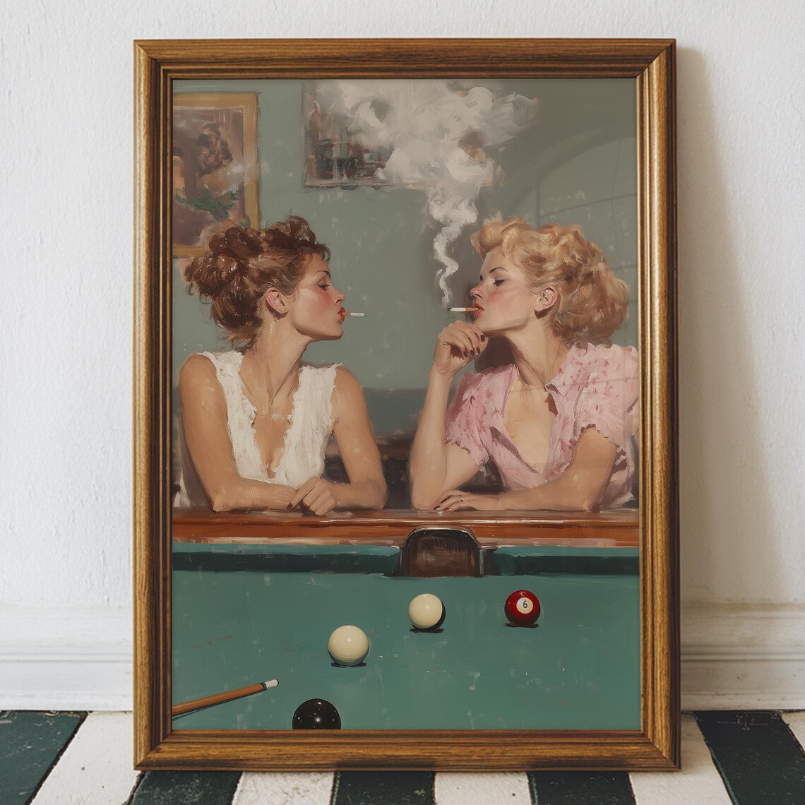 Retro Billiards Oil Painting Art Print, 1970s Women