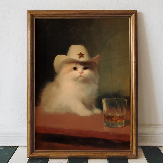 Vintage Cat Cowboy Whiskey Art Print