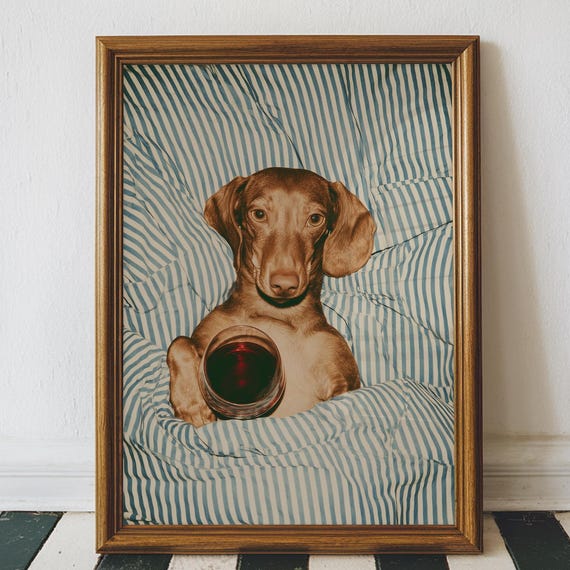 Funny Dachshund Red Wine Bar Art Print Retro Bedroom Book Digital Download