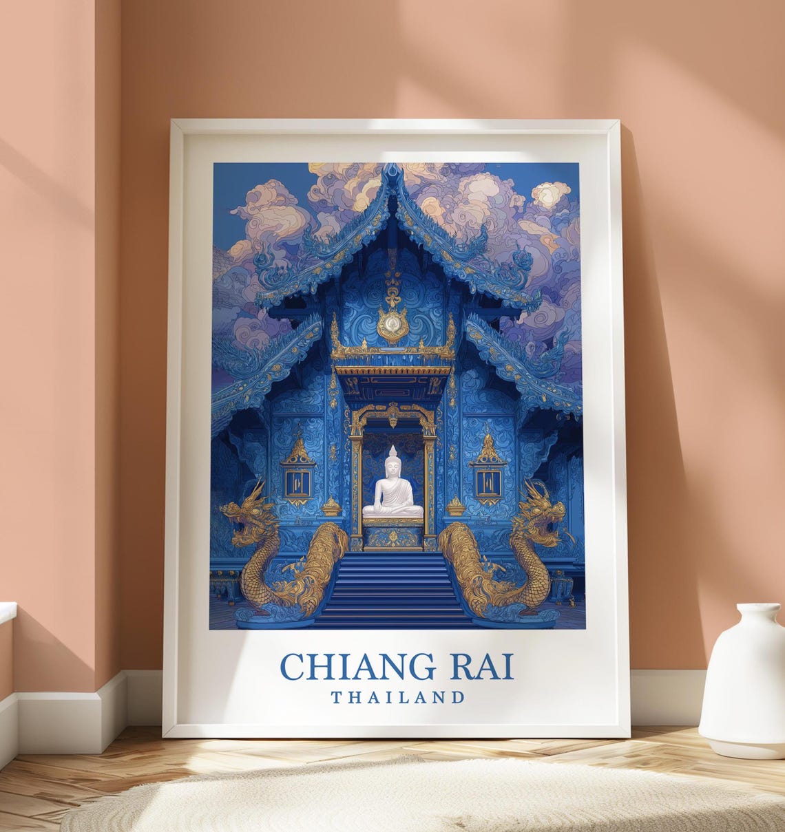 Chiang Rai Blue Temple Thailand Travel Poster Buddha Shrine Dragon Art