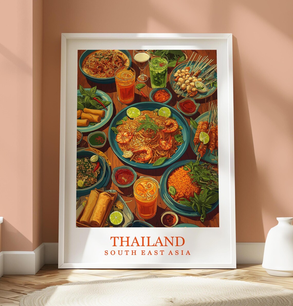 Thailand Street Food Pad Thai Cuisine Overhead Illustrated Poster
