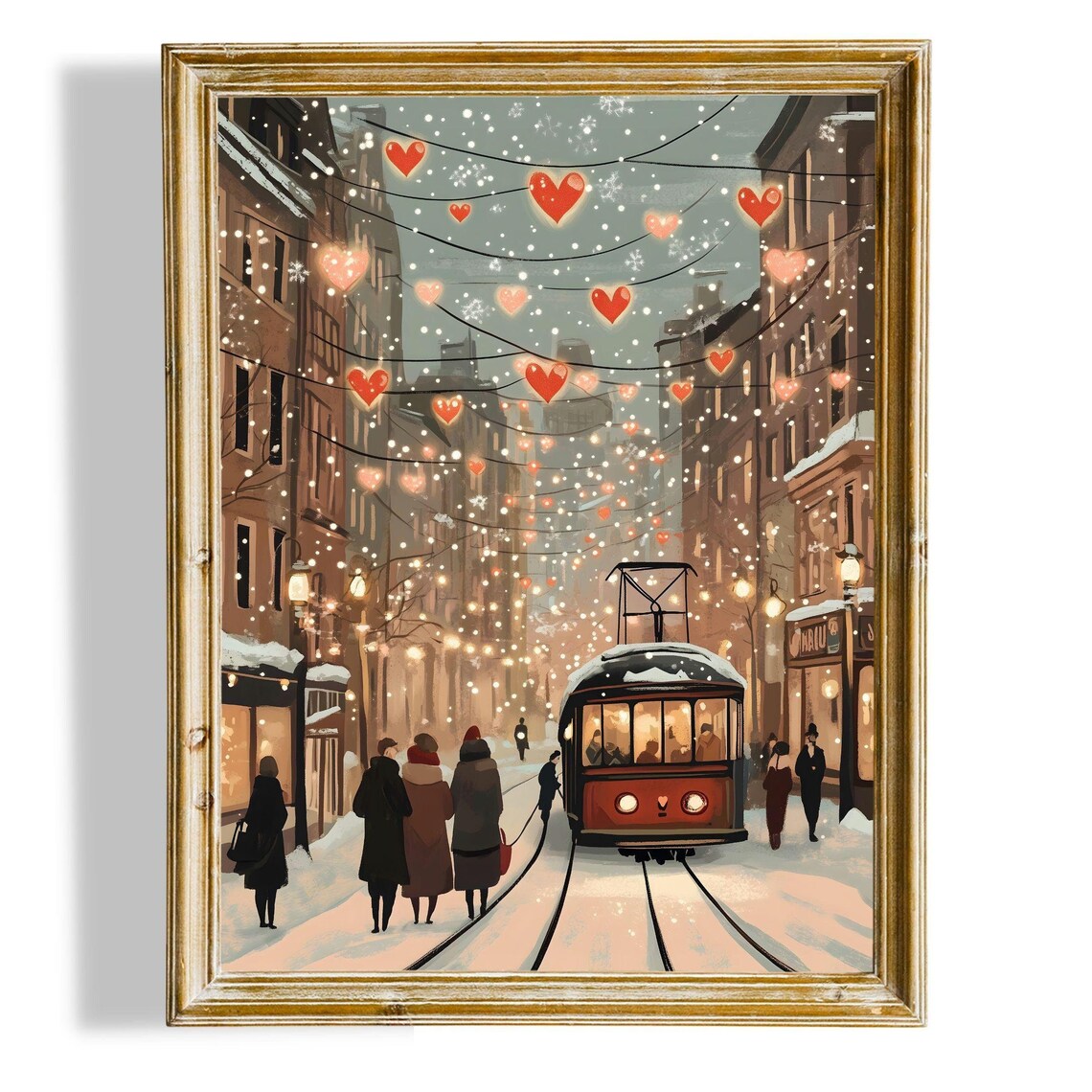 Valentine Winter Street Heart Lights Red Trolley Snow Art Poster